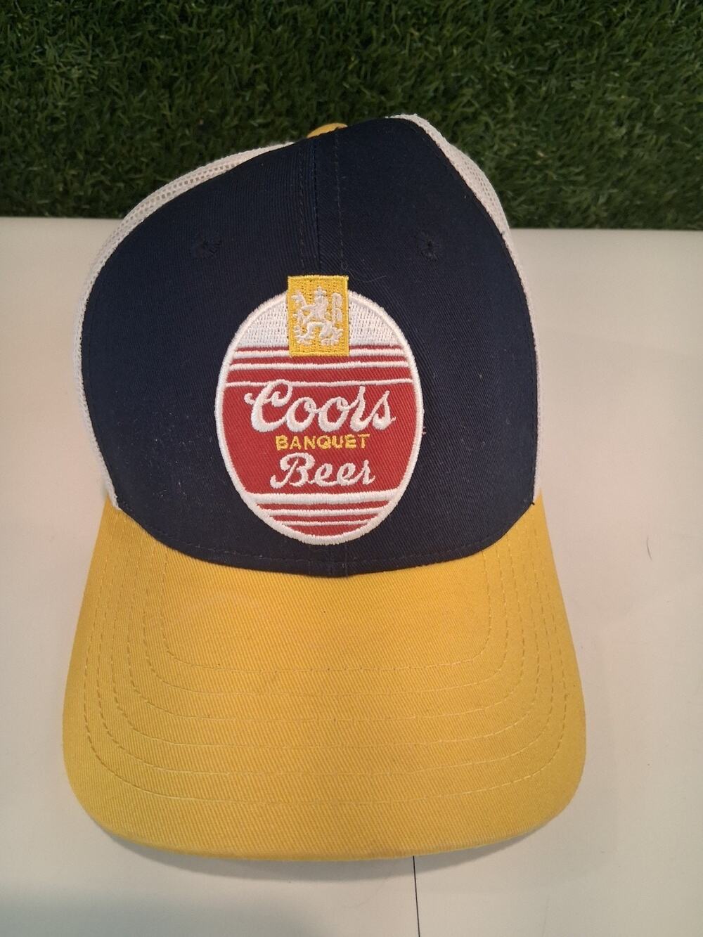 Coors Banquet Beer Hat Mad Engine Mesh Back Snapback Trucker Cap Navy Yellow